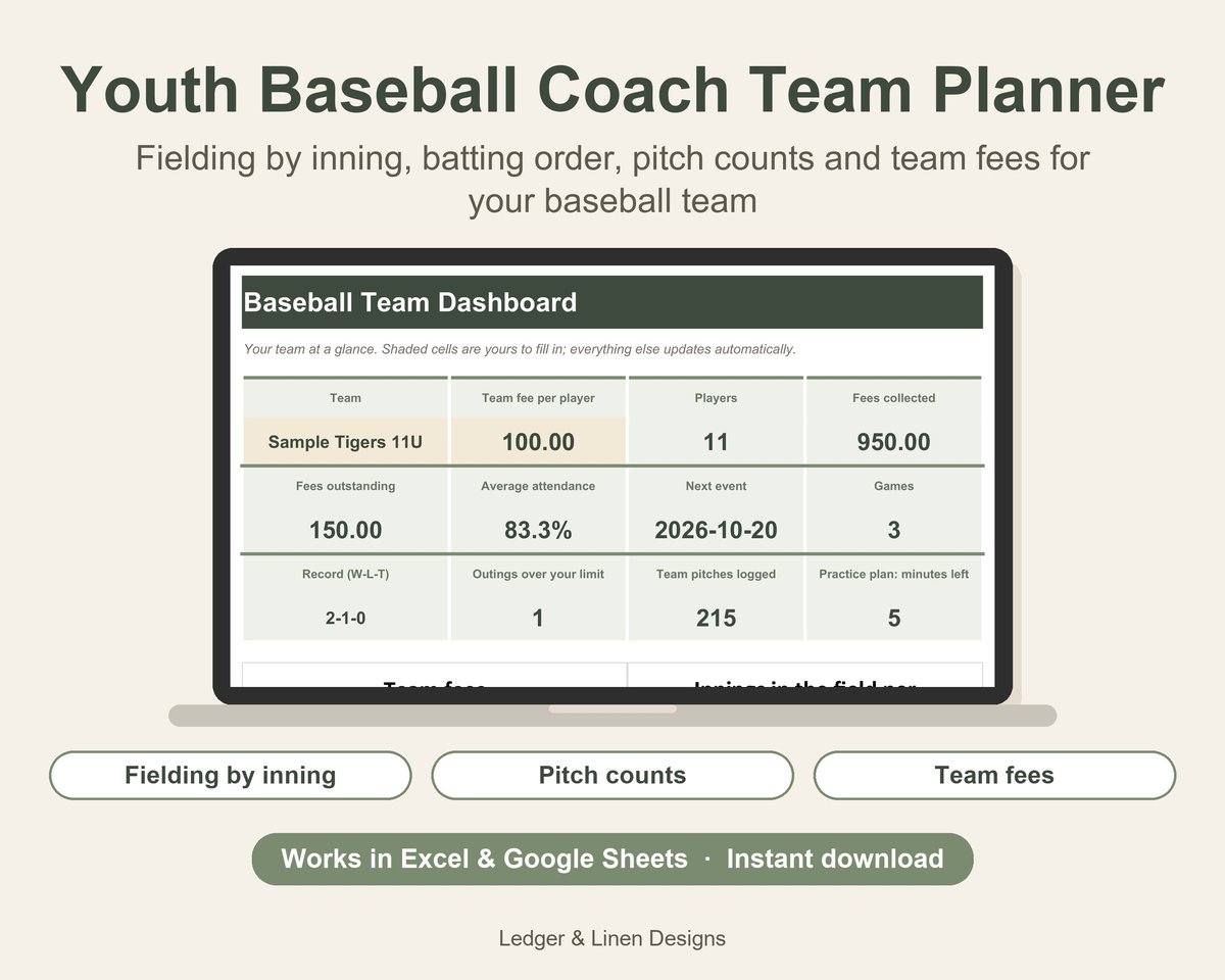 Youth Baseball Coach Planner Spreadsheet preview 1