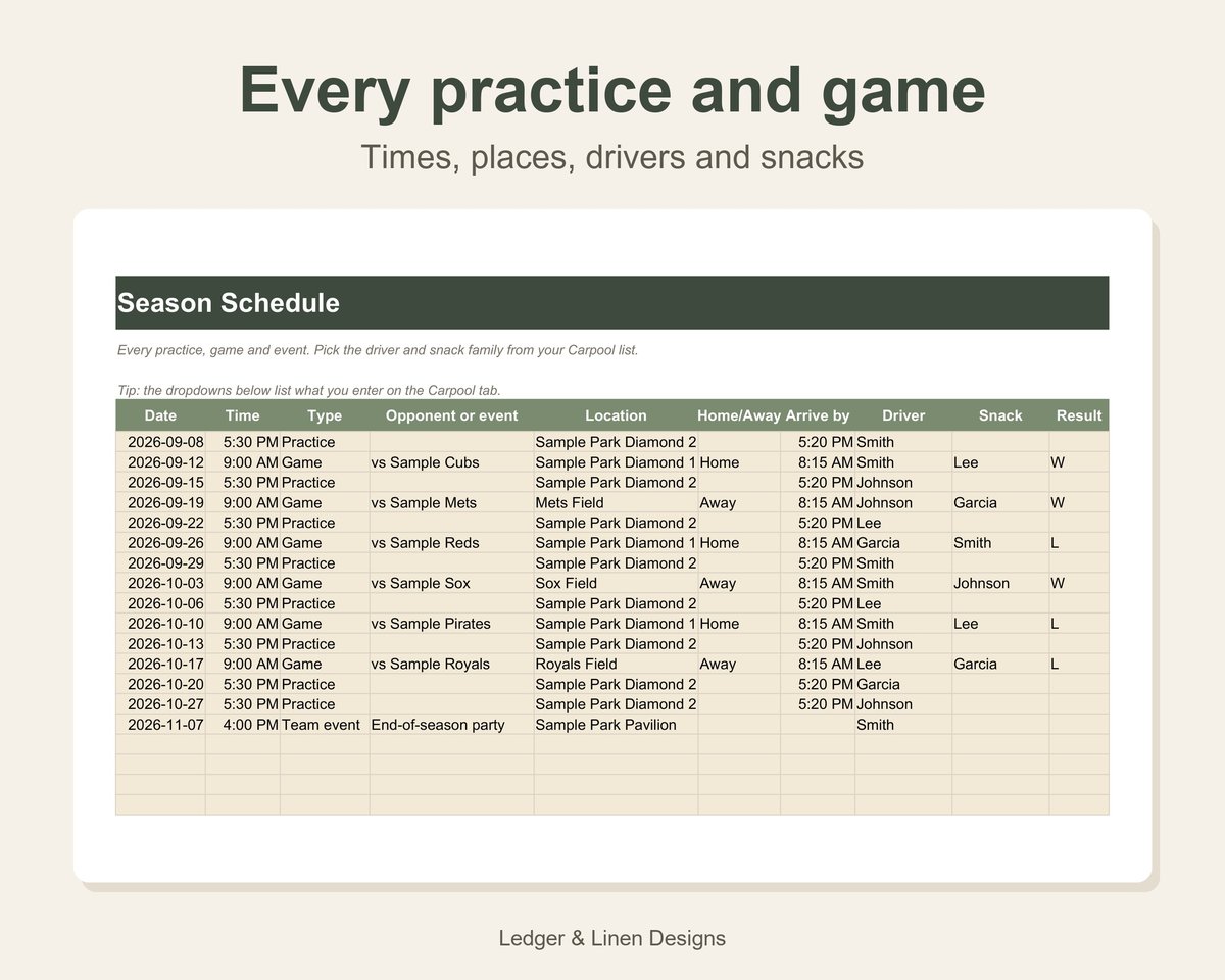Youth Baseball Season Planner Spreadsheet preview 3