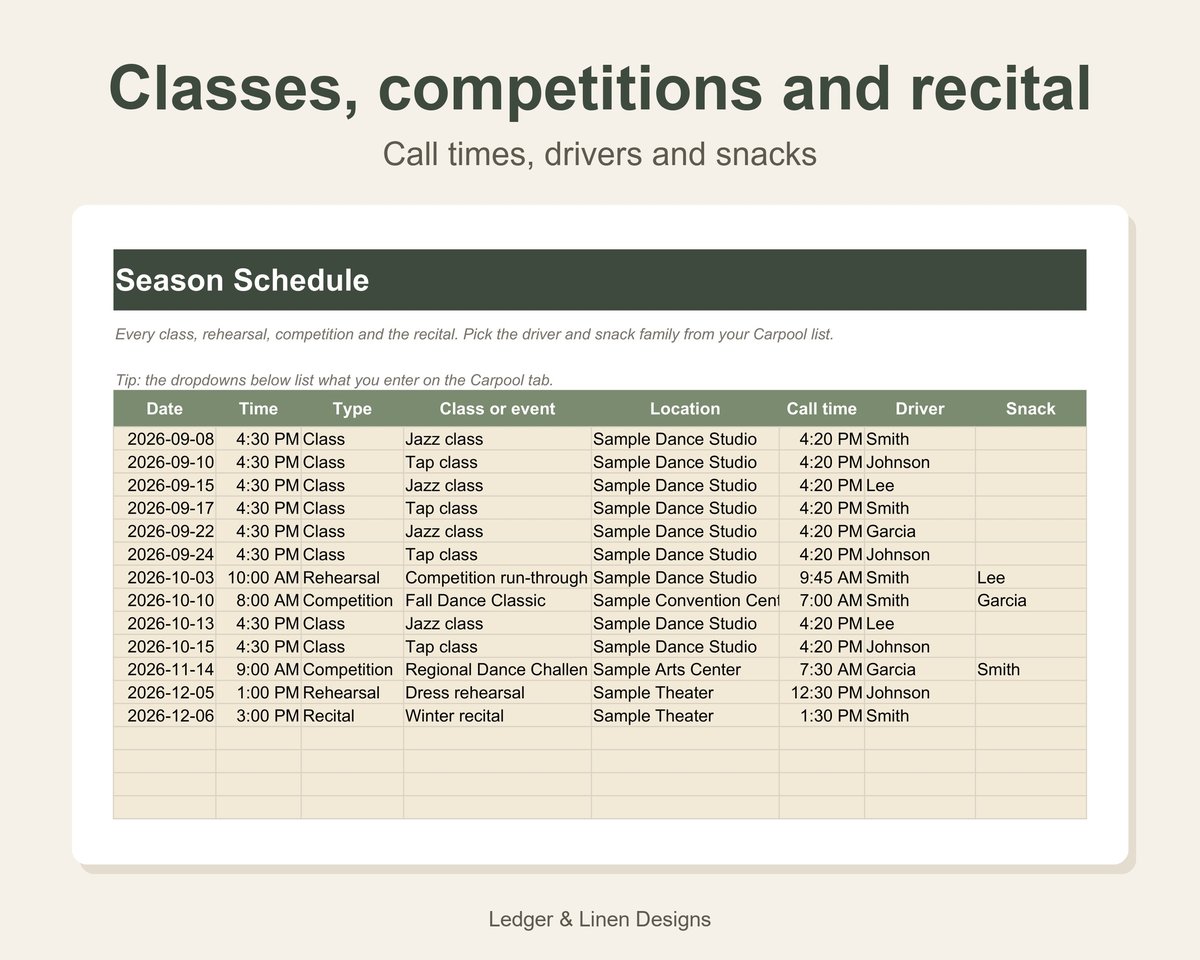 Dance Mom Planner Spreadsheet preview 3