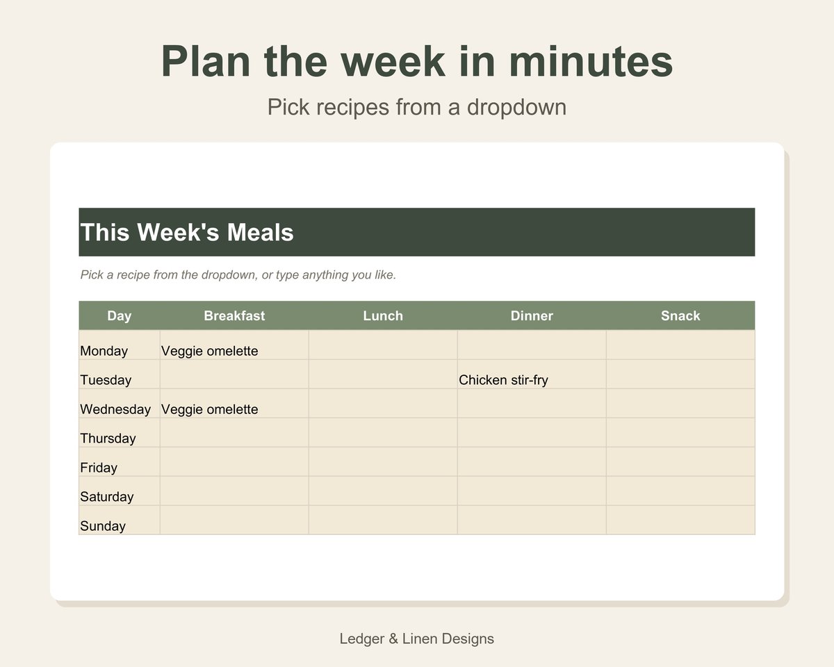 Meal Planner Spreadsheet with Automatic Grocery List preview 3