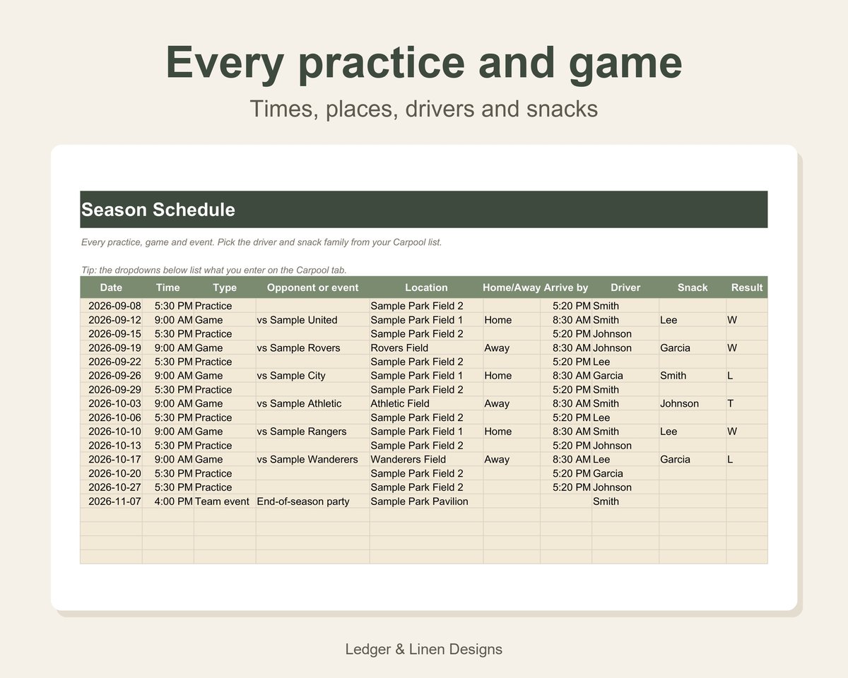 Youth Soccer Season Planner Spreadsheet preview 3